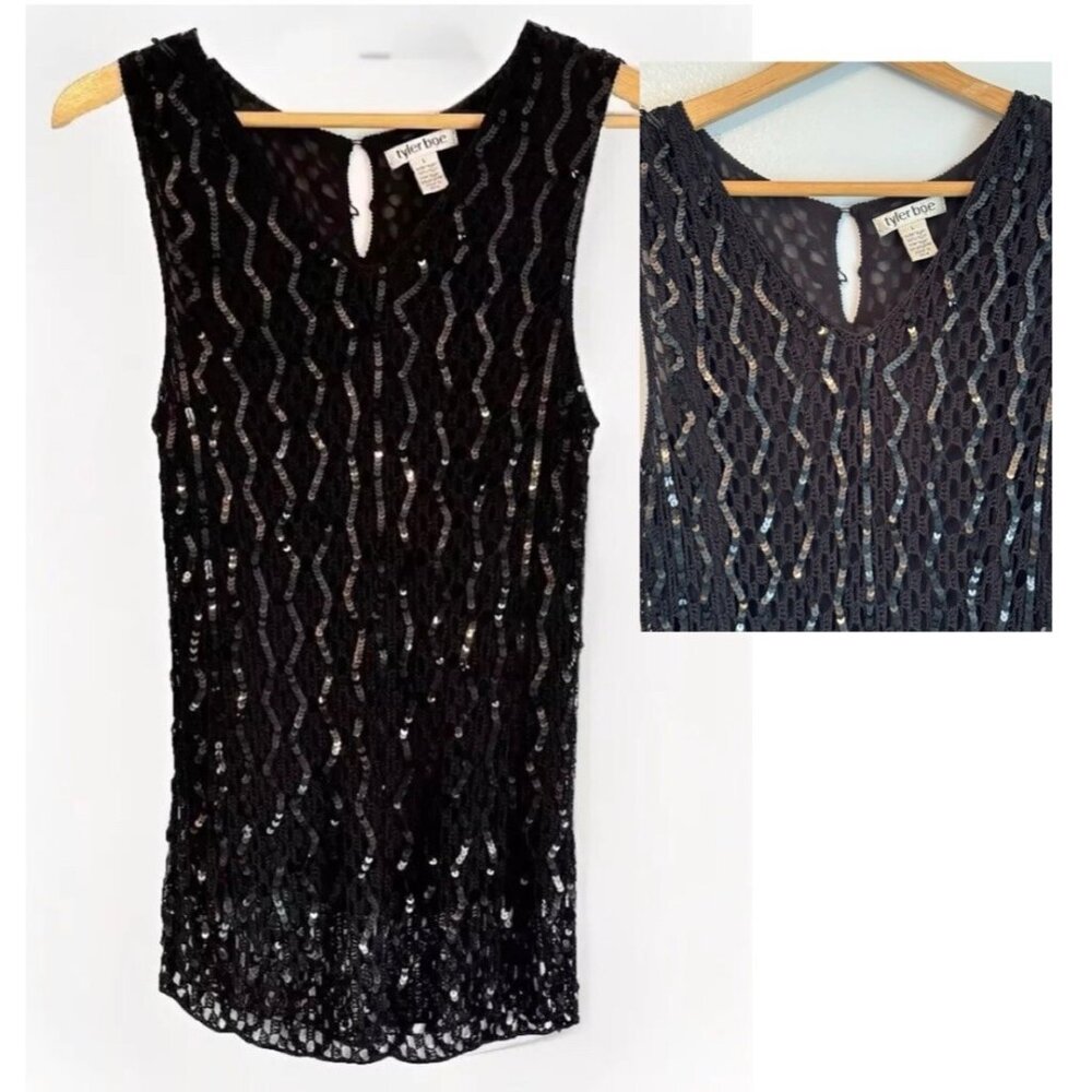 Tyler Boe Black Sequin Mesh Top Womenās Large Sleeveless Sparkle Glam Rock Club